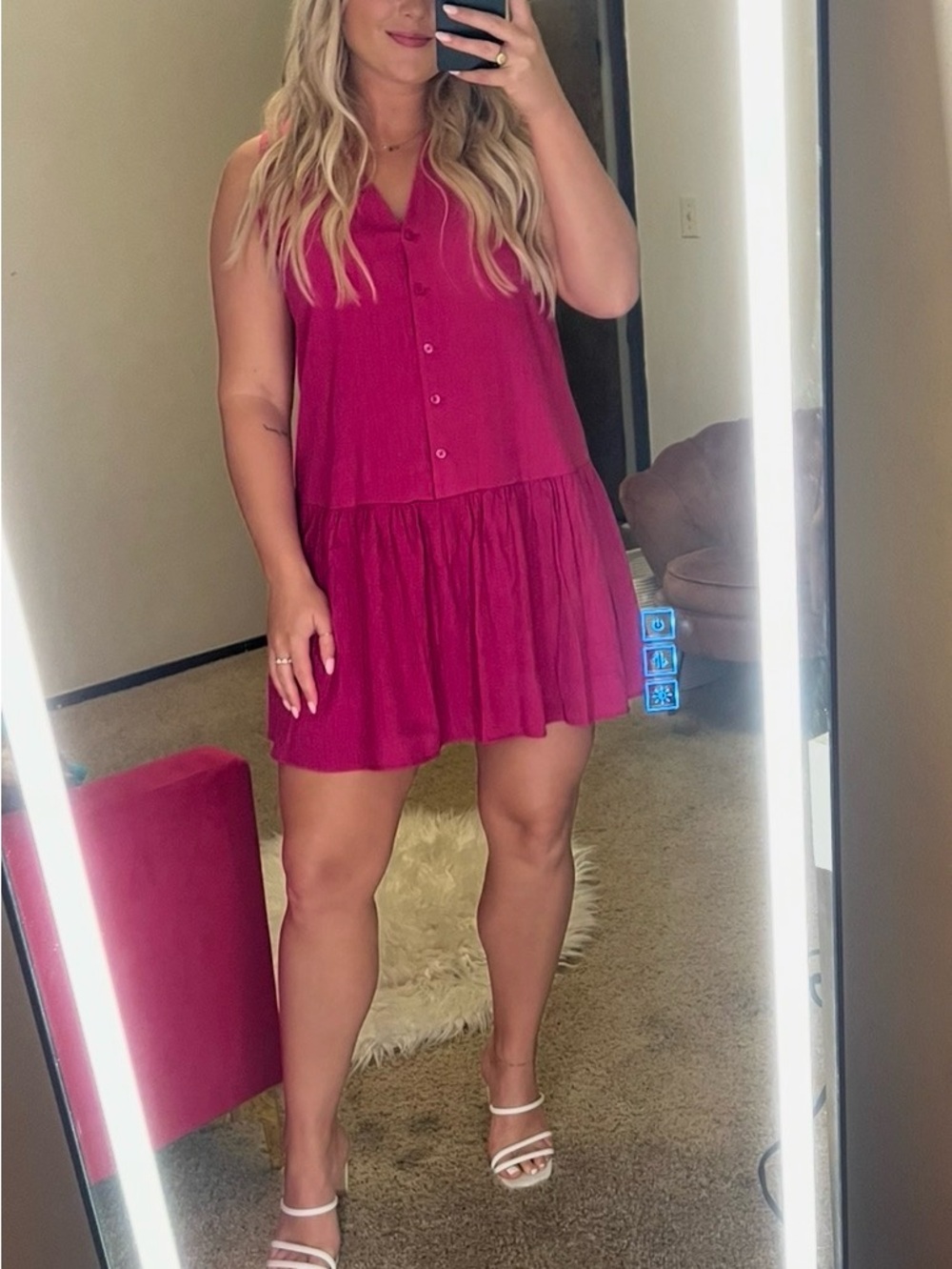 Nine West Sleeveless Button-Front Ruffle-Hem Midi Dress in Fuchsia